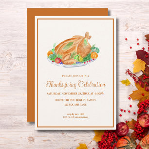 Invitation Dindon de Thanksgiving à l'aquarelle 