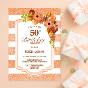 Invitation Dîner 50e anniversaire Apricot Fête Florale rayée