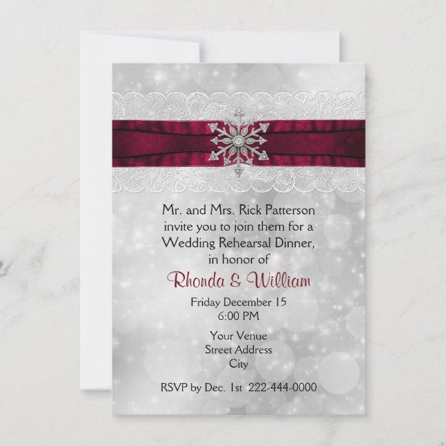 Invitation Dîner argenté de répétition de mariage de flocon (Devant)