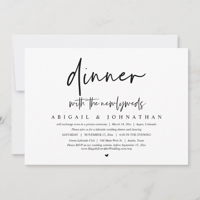 Invitation Dîner avec les nouveaux mariés, Mariage Elopement  (Devant)