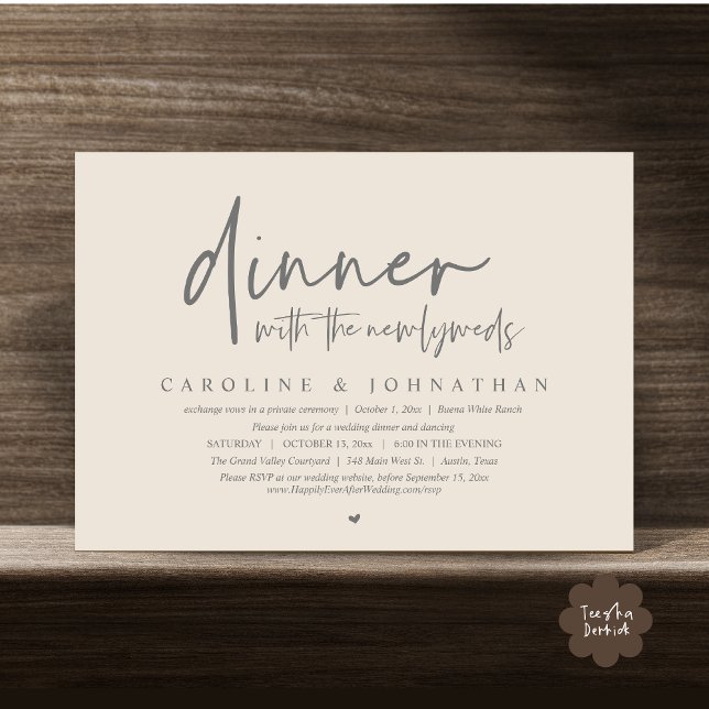 Invitation Dîner avec les nouveaux mariés, Mariage Elopement  (Dinner with the Newlyweds, Modern Wedding Elopement Party Invitation Card PDF Cream Grey)