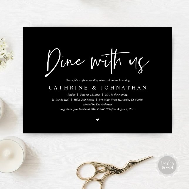Invitation Dîner avec nous, Dîner de répétition Mariage (Dine with us, Modern Wedding Rehearsal Dinner Party Invitation Card, PDF, in Elegant Black)