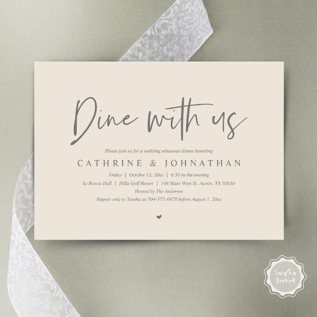 Invitation Dîner avec nous, Dîner de répétition Mariage (Dine with us, Modern Wedding Rehearsal Dinner Party Invitation Card, PDF, in Cream and Grey)