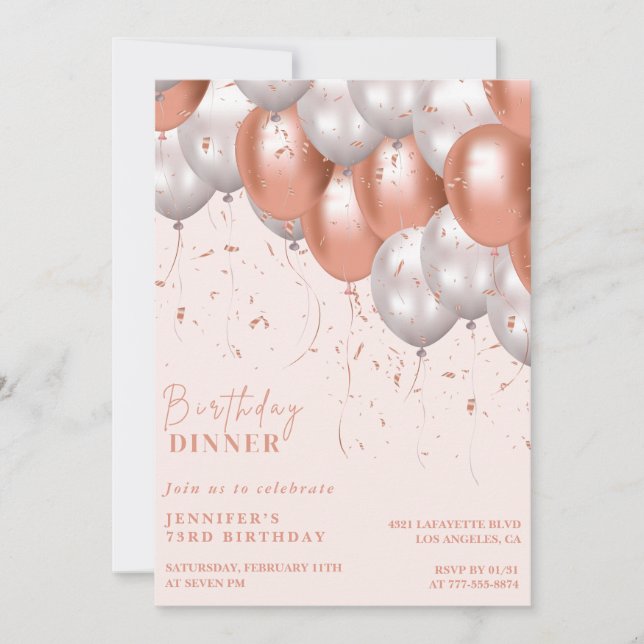 Invitation Dîner ballon or rose 73e anniversaire (Devant)