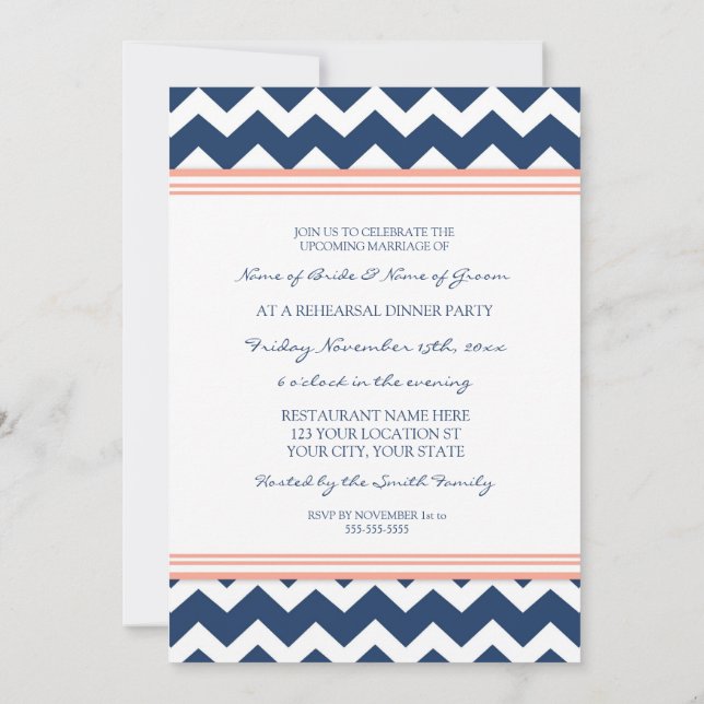 Invitation Dîner bleu de corail de répétition de Chevron (Dos)
