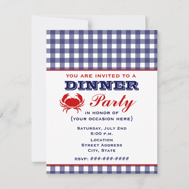 Invitation dîner bleu Gingham & Crabe (Devant)