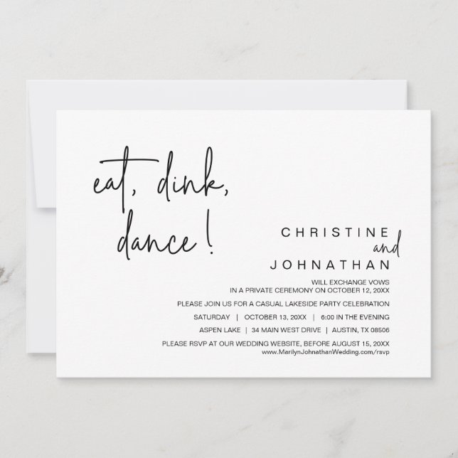 Invitation Dîner, Boire, Danse, Mariage Elopement (Devant)