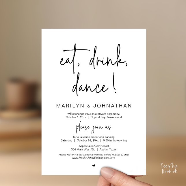 Invitation Dîner, Boire, Danse, Mariage Elopement (Eat, Drink, Dance, Wedding Elopement Dinner Party Invitation Card in Black White)