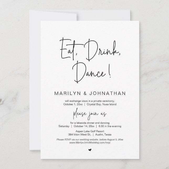 Invitation Dîner, Boire, Danse, Mariage Elopement (Devant)