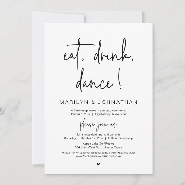 Invitation Dîner, Boire, Danse, Mariage Elopement (Devant)