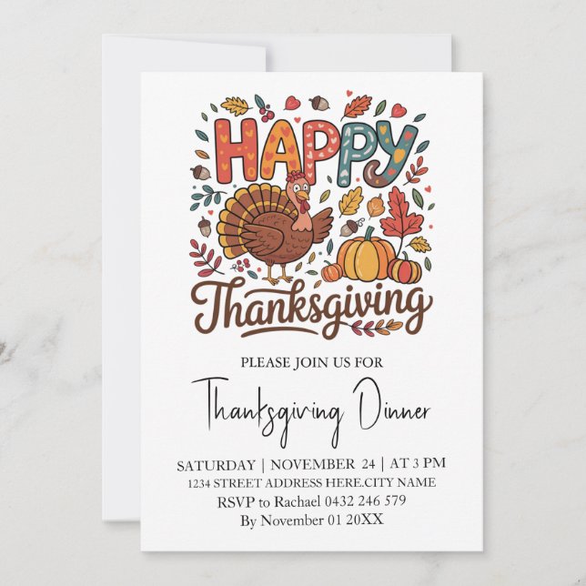 Invitation Dîner branché Thanksgiving Turquie Citrouille (Devant)