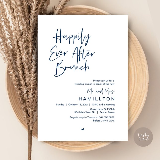 Invitation Dîner Brunch du lendemain - Heureux pour toujours (Happily Ever After Brunch The Morning After Invitation Card PDF Newlyweds in Navy Blue)