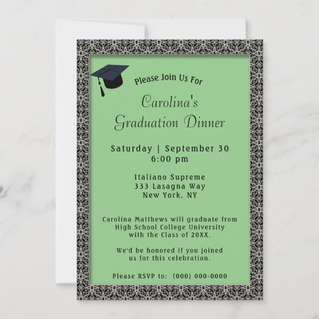 Invitation Dîner Cadre noir Casquette Lumière Vert Graduation (Devant)