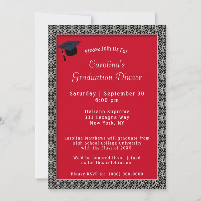 Invitation Dîner Casquette noir cadre rouge Graduation (Devant)