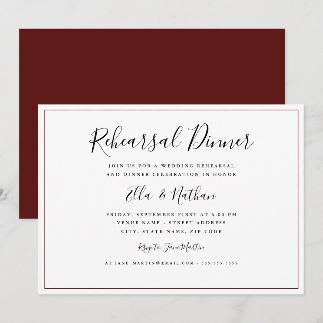 Invitation Dîner classique de répétition Mariage en Bourgogne (Devant / Derrière)