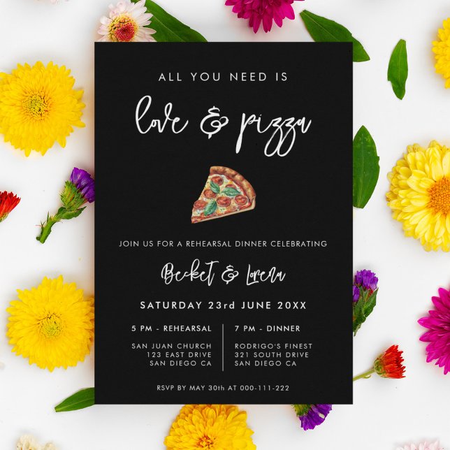 Invitation Dîner contemporain noir d'amour et de pizza (Créateur téléchargé)