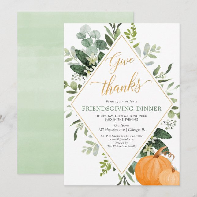 Invitation Dîner convivial verdoyant or feuille vert (Devant / Derrière)