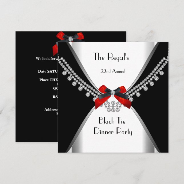 Invitation Dîner Cravate Noir Blanc Red Bow Party 3 (Devant / Derrière)