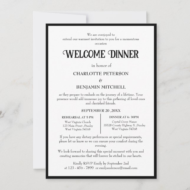 Invitation Dîner d'accueil simple en noir et blanc (Devant)