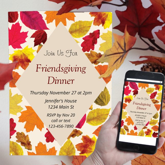 Invitation Dîner d'action amicale Couleurs d'automne Feuille (Créateur téléchargé)