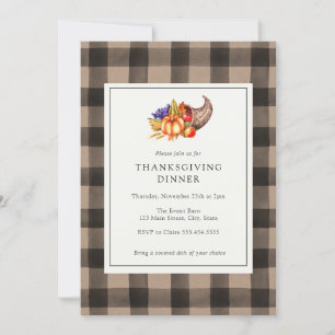 Invitation Dîner d'action de grâces Brown Buffalo Plaid Invit