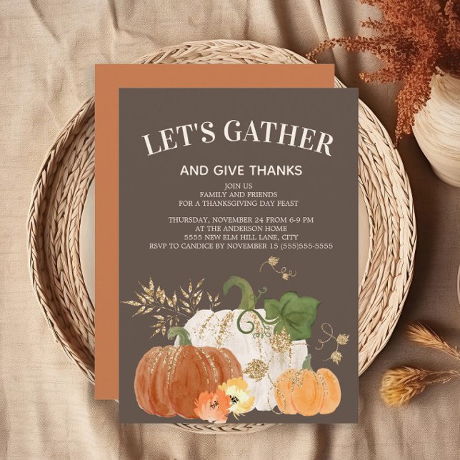 Invitation Dîner d'action de grâces Orange Citrouilles blancs (Thanksgiving dinner invitation)