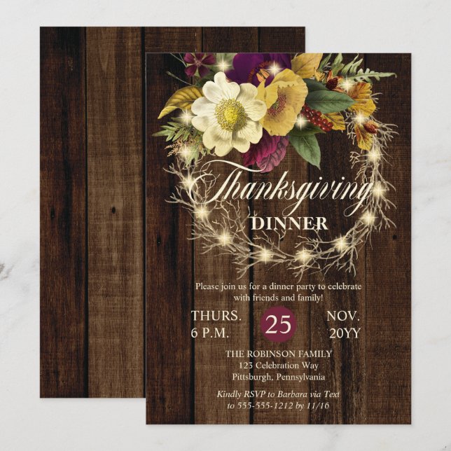 Invitation Dîner d'action de grâces - Wreath Woodsy Rustique (Devant / Derrière)