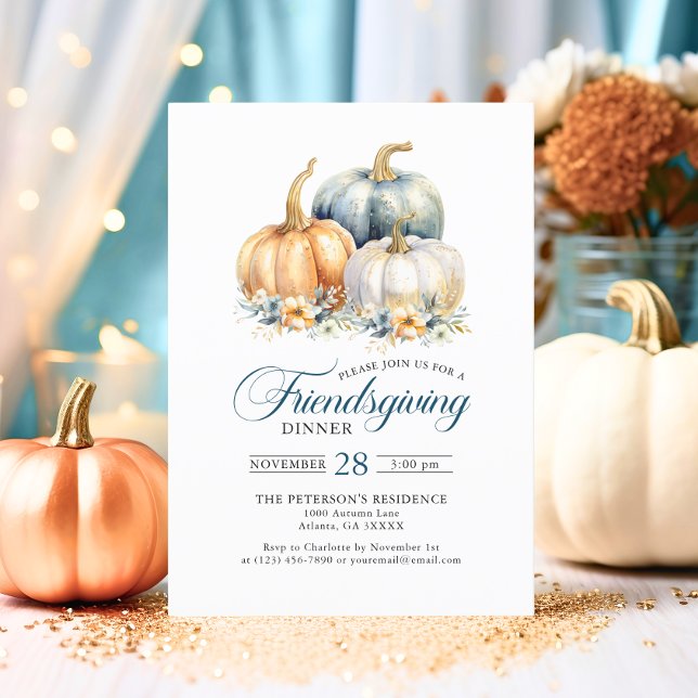 Invitation Dîner d'amitié Citrouilles d'or bleu orange (Friendsgiving Dinner Blue Orange Gold Pumpkins Invitation)