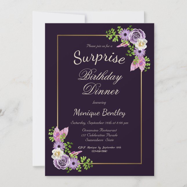 Invitation Dîner d'anniversaire à la surprise florale pourpre (Devant)