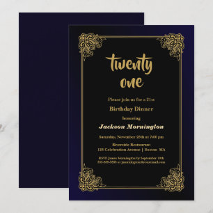 Invitation Dîner d'anniversaire Black and Gold 21st