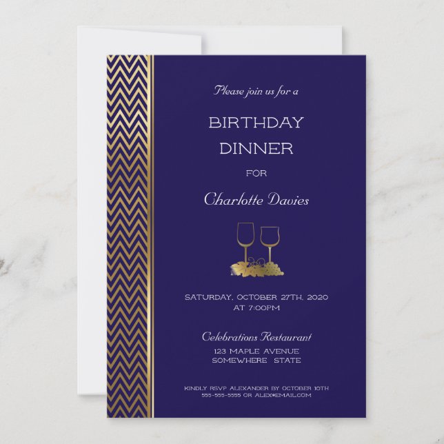 Invitation Dîner d'anniversaire bleu et or de la Marine (Devant)