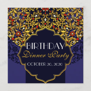 Invitation Dîner d'anniversaire bleu rouge or luxueux orné de