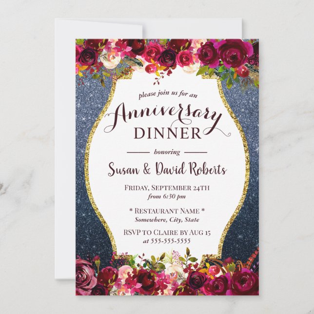 Invitation Dîner d'anniversaire Burgundy Floral Bleu Marine (Devant)