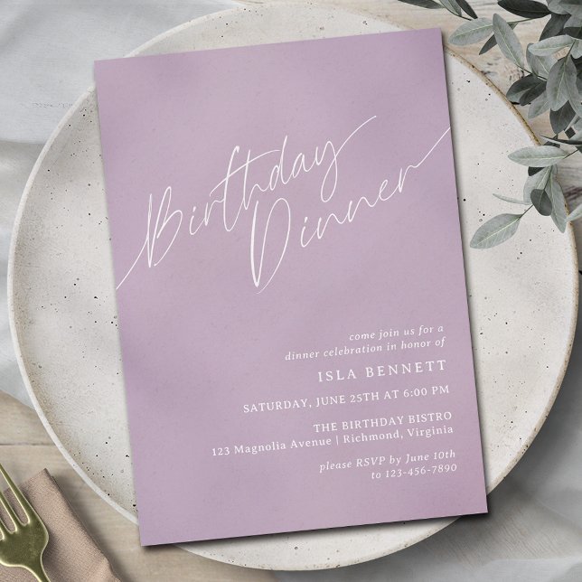 Invitation Dîner d'anniversaire chic minimal violet lavande l (Créateur téléchargé)