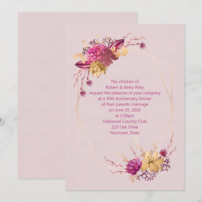 Invitation dîner d'anniversaire de fleurs de couleur rose (Devant / Derrière)