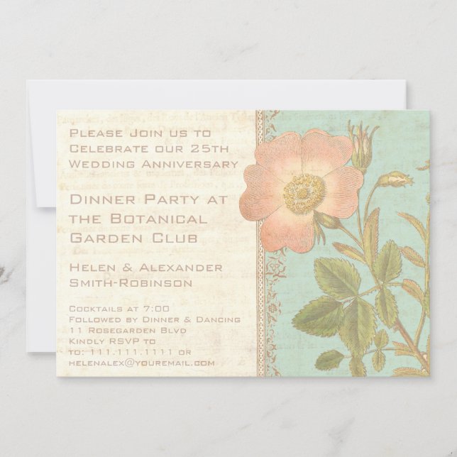 Invitation Dîner d'anniversaire élégant Vintage Rose 25 ans (Devant)