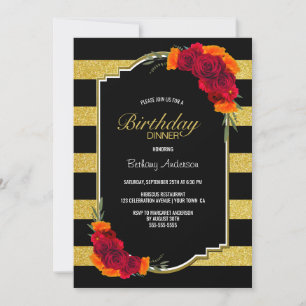 Invitation Dîner d'anniversaire en or noir rayé Floral