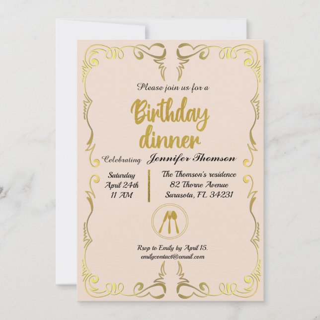 Invitation Dîner d'anniversaire Gold et Rose (Devant)