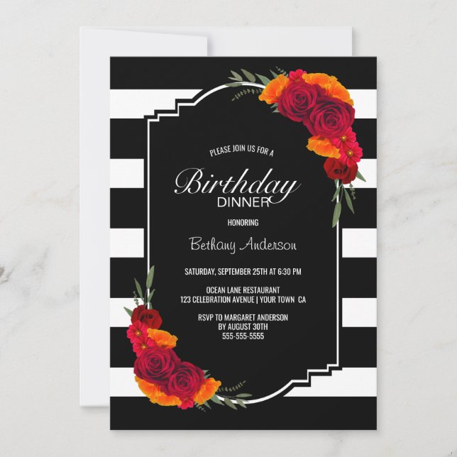 Invitation Dîner d'anniversaire Noir Blanc rayé Floral (Devant)