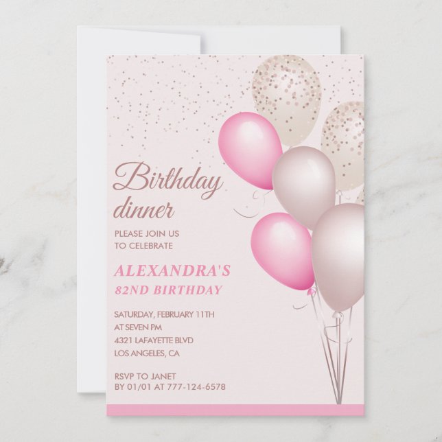 Invitation Dîner d'anniversaire rose moderne 82e anniversaire (Devant)