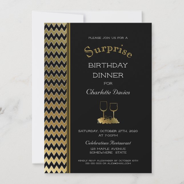 Invitation Dîner d'anniversaire surprise Black Gold Chevron (Devant)