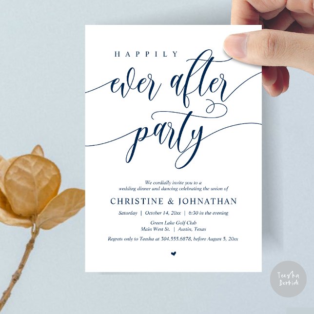 Invitation Dîner Dansant de la Soirée de Félicité Éternelle (Happily Ever After Party Dinner Dancing Modern Invitation Card, PDF, in Navy Blue)