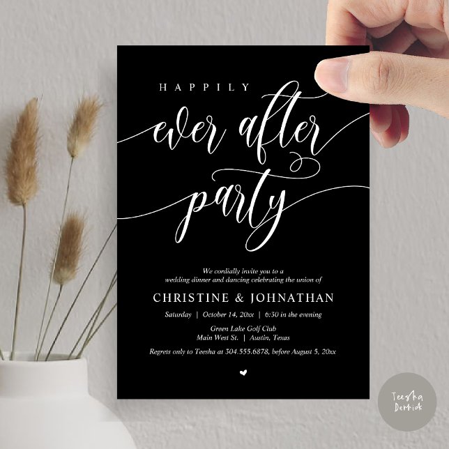Invitation Dîner Dansant de la Soirée de Félicité Éternelle (Happily Ever After Party Dinner Dancing Modern Invitation Card, PDF, in Classy Black)