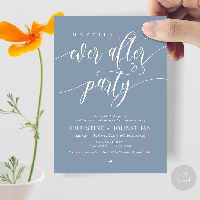 Invitation Dîner Dansant de la Soirée de Félicité Éternelle (Happily Ever After Party Dinner Dancing Modern Invitation Card, PDF, in Dusty Blue)