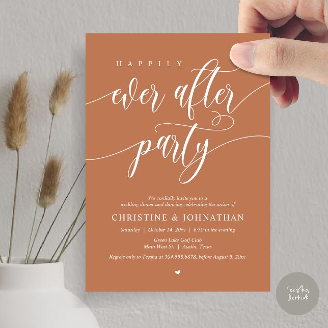 Invitation Dîner Dansant de la Soirée de Mariage Féerique (Happily Ever After Party Dinner Dancing Modern Invitation Card, PDF, in Copper Brown Terracotta)