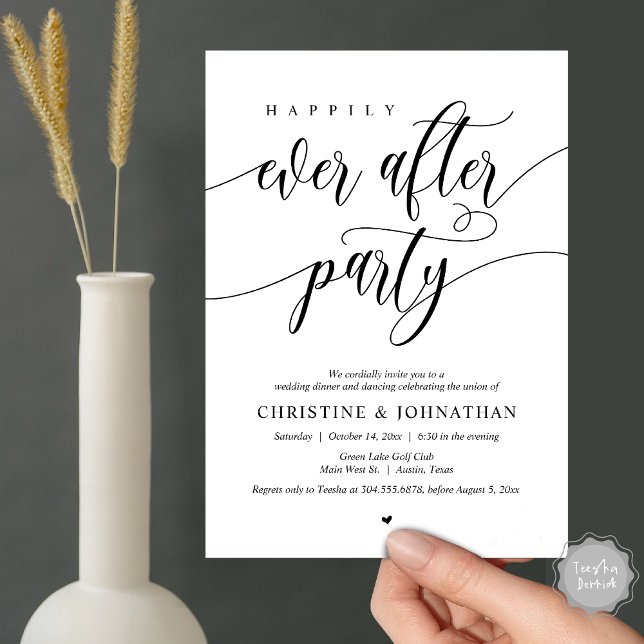 Invitation Dîner Dansant de la Soirée de Mariage Féérique (Happily Ever After Party Dinner Dancing Modern Invitation Card, PDF, in Black and White)