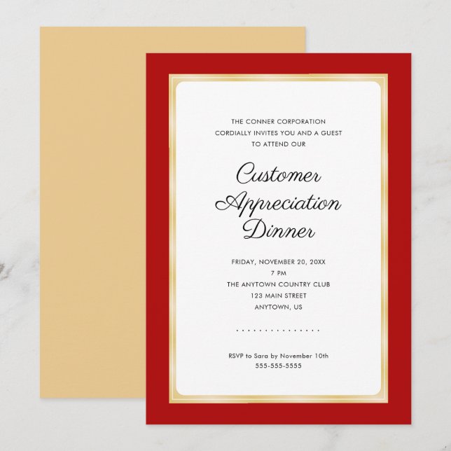 Invitation Dîner d'appréciation du client | Rouge et or (Devant / Derrière)