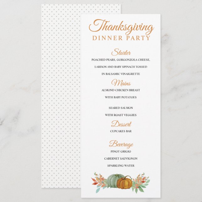 Invitation Dîner d'automne Thanksgiving citrouille Menu (Devant / Derrière)