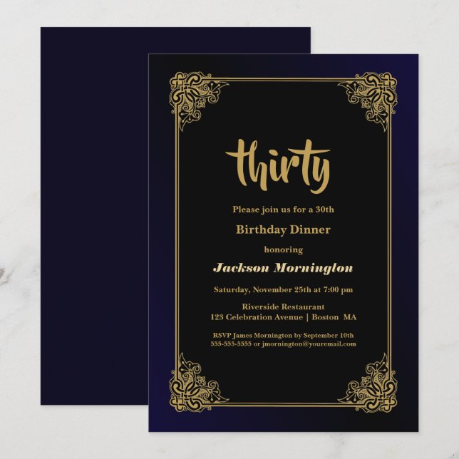 Invitation Dîner de 30e anniversaire noir et or (Devant / Derrière)