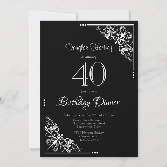 Invitation Dîner de 40e anniversaire noir et blanc (Devant)